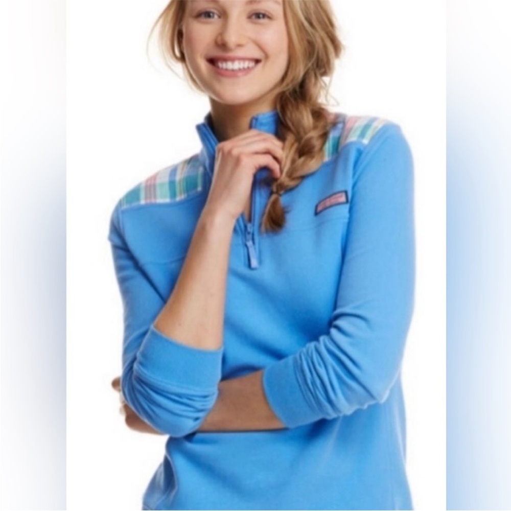 Vineyard Vines Blue Quarter-Zip ShepShirt with Plaid Accents